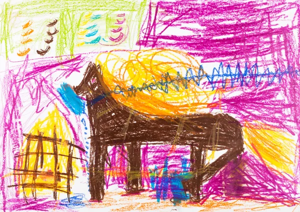 Child's drawing - horse with golden mane stays in stable — Stock Photo, Image