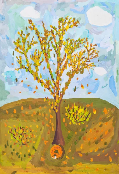 Kind schilderen - vallende bladeren van herfst boom — Stockfoto