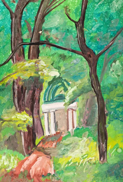 Child's paiting - old ruins in green park — Stock Photo, Image