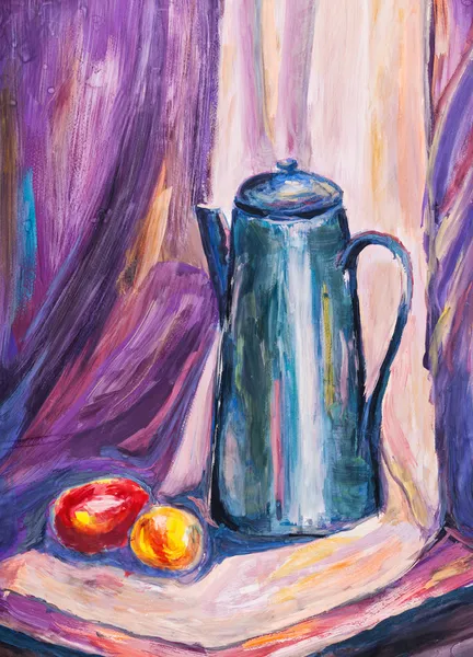 Child's paiting - still life with metal coffee pot — Stock Photo, Image