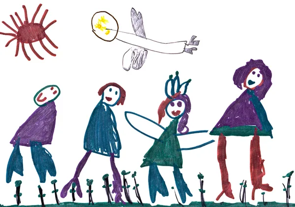 Dibujo del niño - familia feliz y andel — Foto de Stock