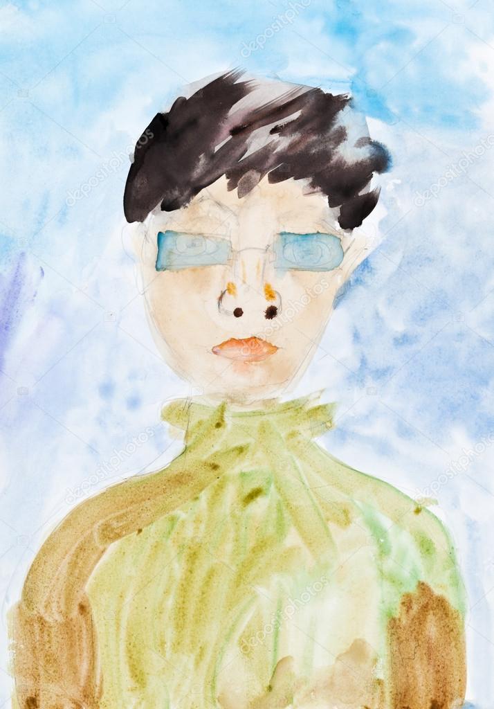 child's painting - man in blue glasses