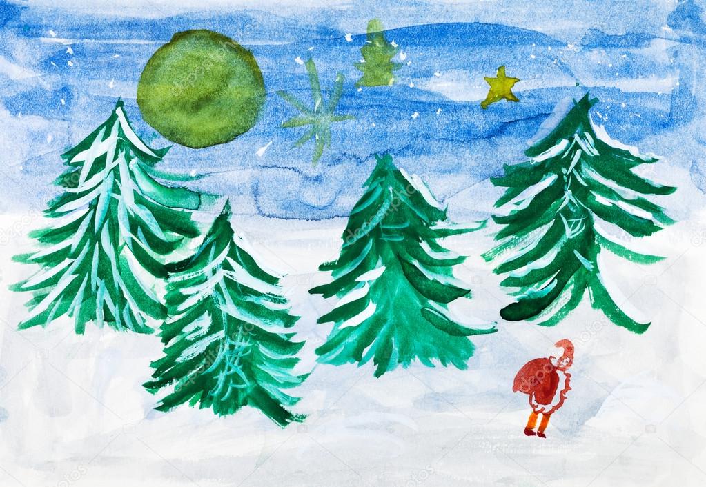 child's paiting - winter forest and Santa Claus