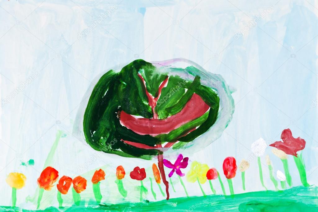 child's painting - green tree and flowers