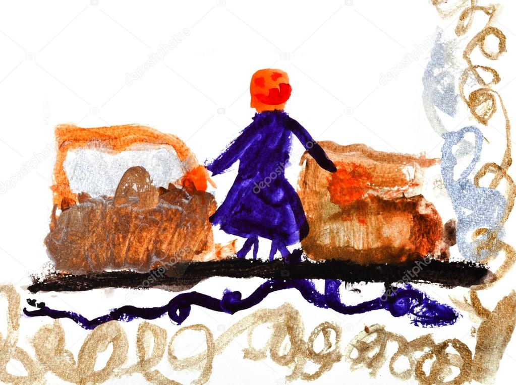 child's drawing - woman on train station