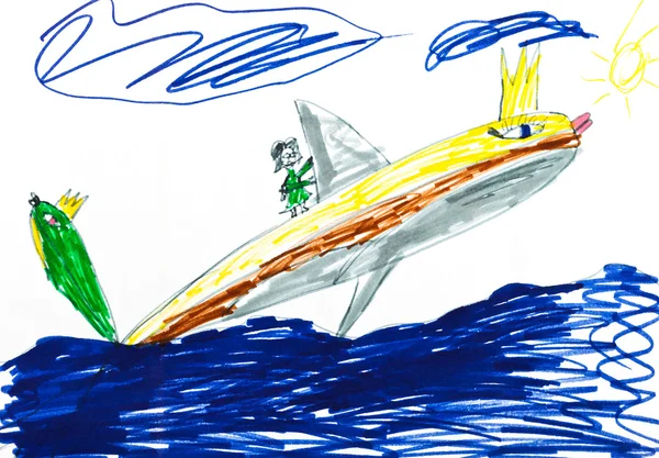 Rysunek dziecka - dziewczyna na wieloryba królowej — Zdjęcie stockowe