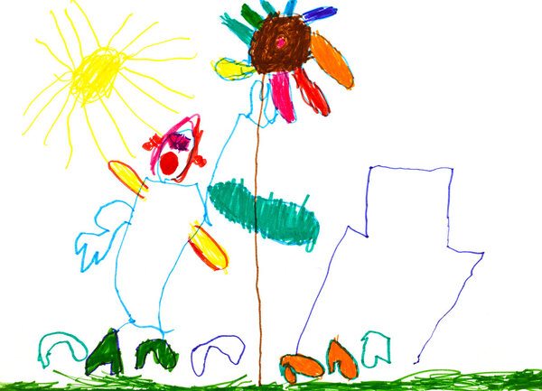 child's drawing - , house, flower and sun