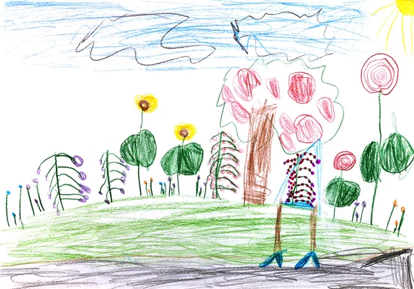 Dessin d'enfant - prairie verte en forêt — Photo