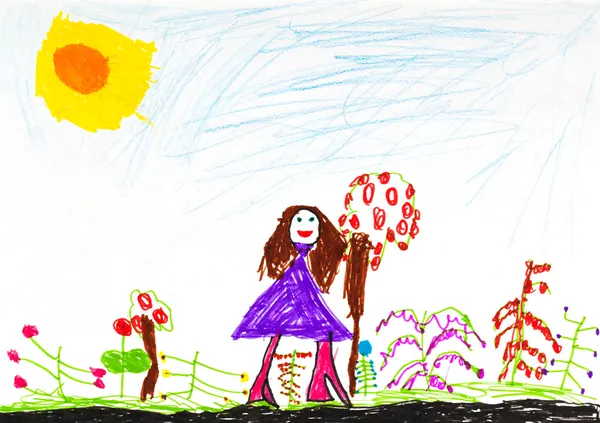 Child's drawing - happy girl near flowers — Stock Photo, Image
