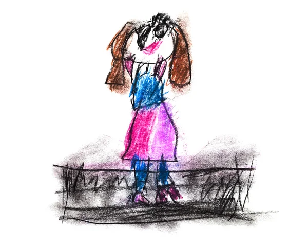 Dětská kresba - šťastná dívka v zahradě — Stock fotografie