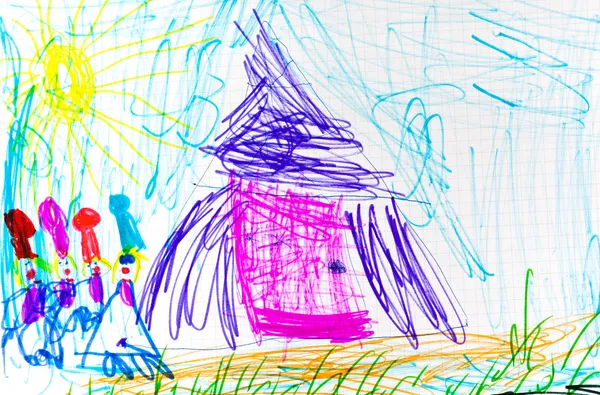 Child's drawing - pink hut and dwarf — Stock Photo, Image