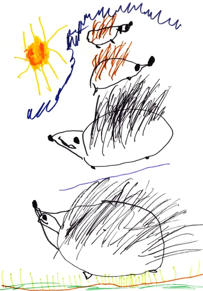Child's drawing - hedgehog family — Stock Photo, Image