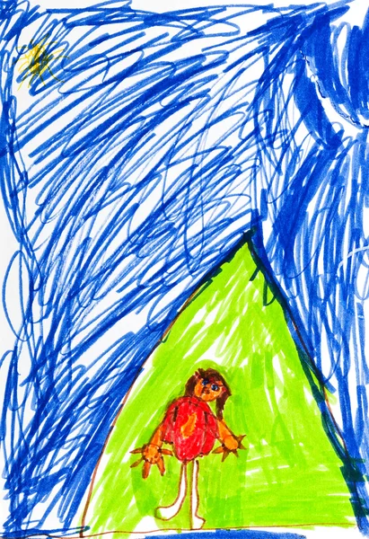 Disegno di bambino - ragazza in tenda turistica — Foto Stock