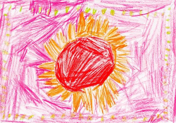 Детский рисунок - красное солнце — стоковое фото