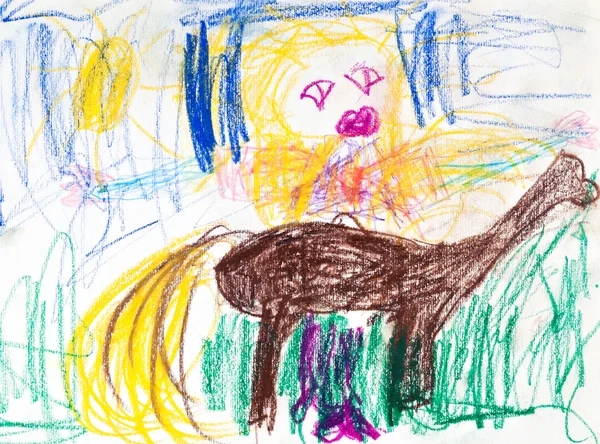 Child's drawing - girl with horse — Stock Photo, Image