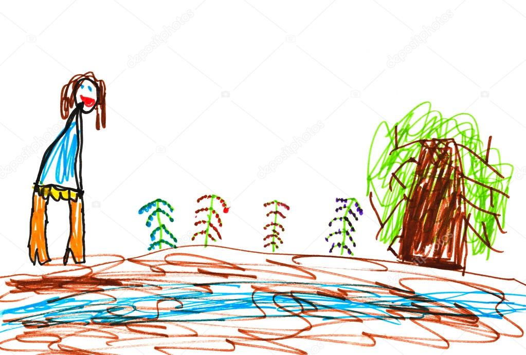 child's drawing - woman near forest river