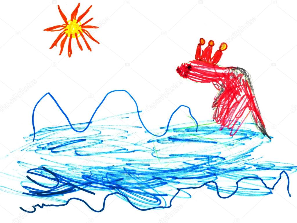 Childs disegno regina di pesce con corona in mare blu — Foto di vvoennyy