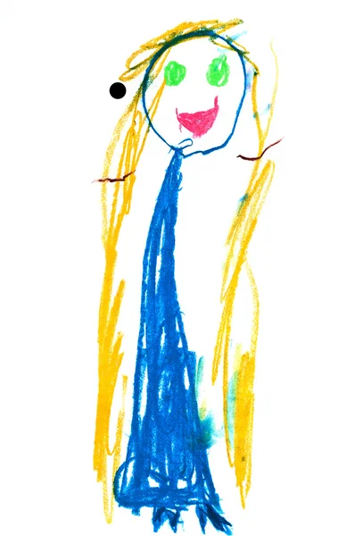 Child's drawing - smiling girl in blue dress — Stock Photo, Image