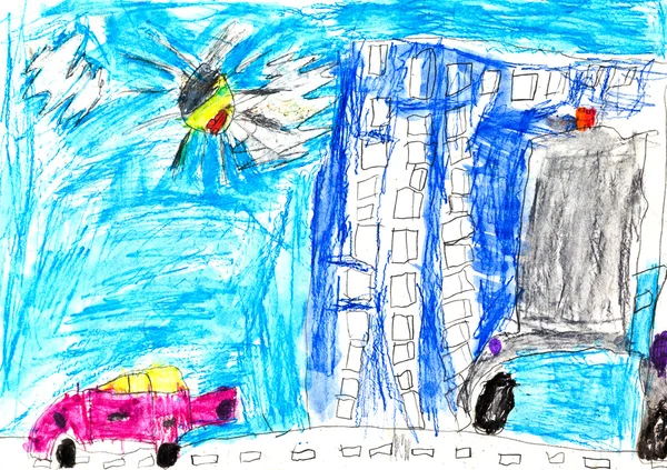 Rysunek dziecka - miejski krajobraz — Zdjęcie stockowe