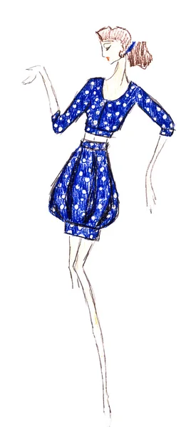 Mini vestido azul curto com bolinhas — Fotografia de Stock