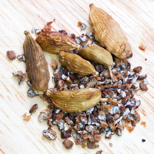 Dried pods and ground cardamon — Stock Photo, Image