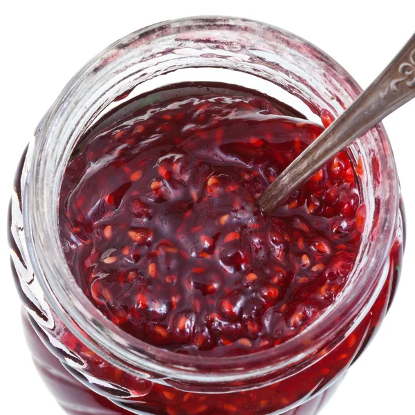 Top view of jar of raspberry jam — Stock Photo, Image