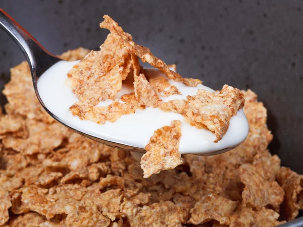 Spoon with yogurt and corn flakes — Stock Photo, Image