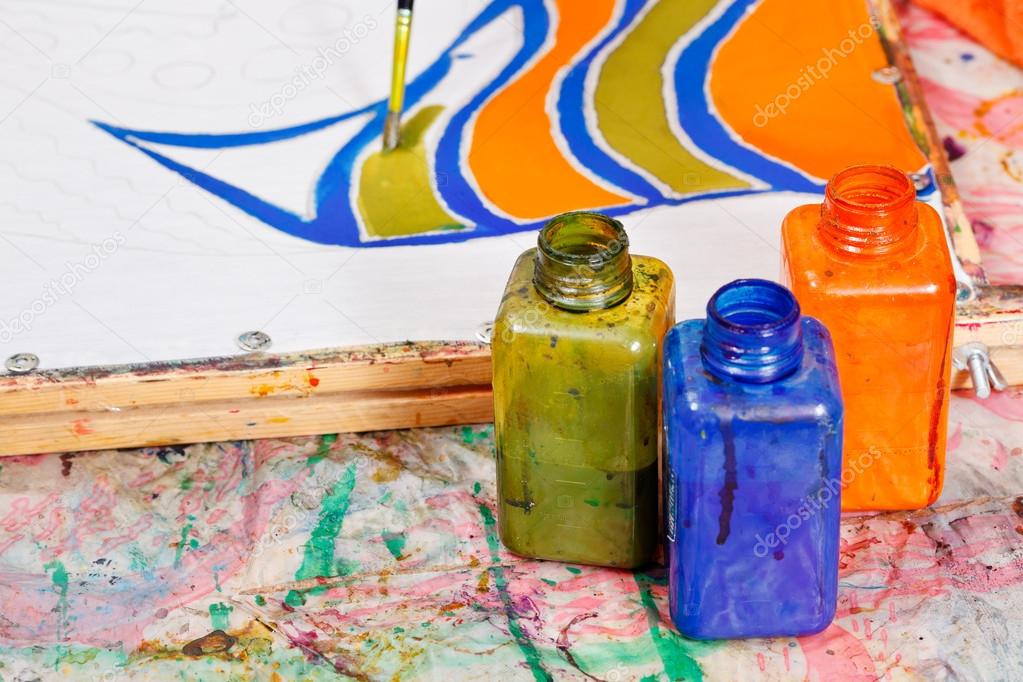 painting and bottles with dyes