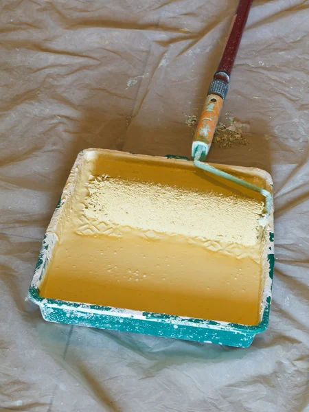 Roller brush with handle in plastic paint tray — Stock Photo, Image