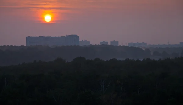Панорамний вид на червоний схід сонця над містом — стокове фото