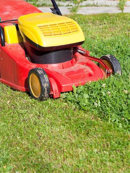 Lawn mower mows green lawn — Stock Photo, Image