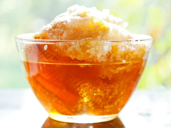 Miel fresca en peine en tazón de vidrio — Foto de Stock