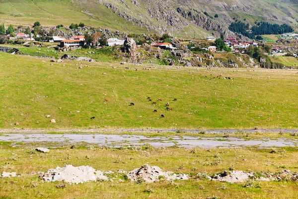 Panorama con villaggio Stepantsminda in Georgia — Foto Stock