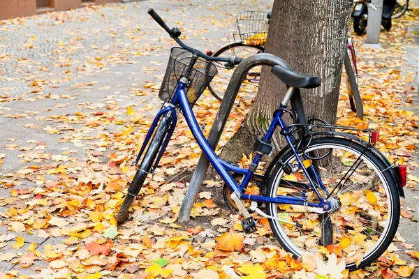 Vélo garé dans la rue avec des feuilles d'automne à Berlin — Photo