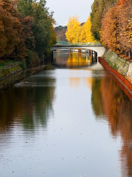 Köprü ve yaprak üzerinde landwehrkanal Güz — Stok fotoğraf