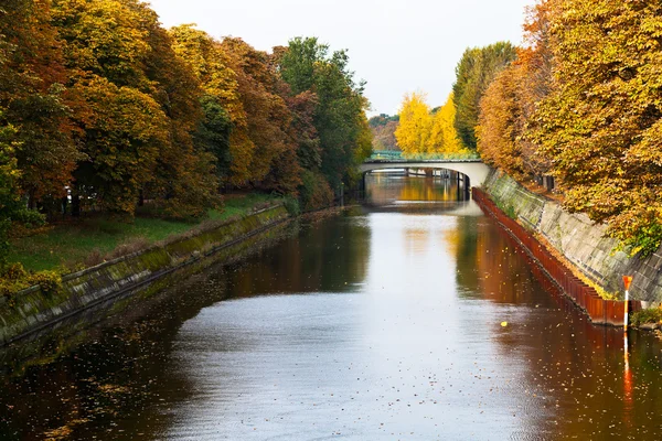 Visa av bron och bladen faller på landwehrkanal — Stockfoto