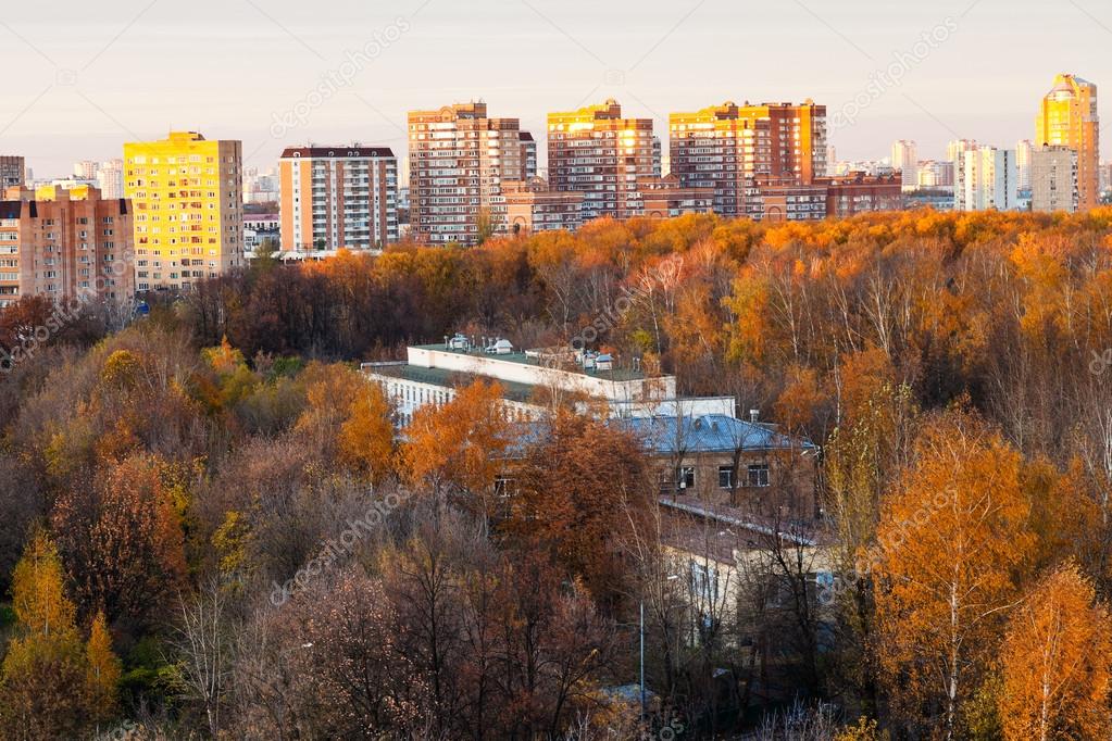 Urban residential district in pink autumn sunset