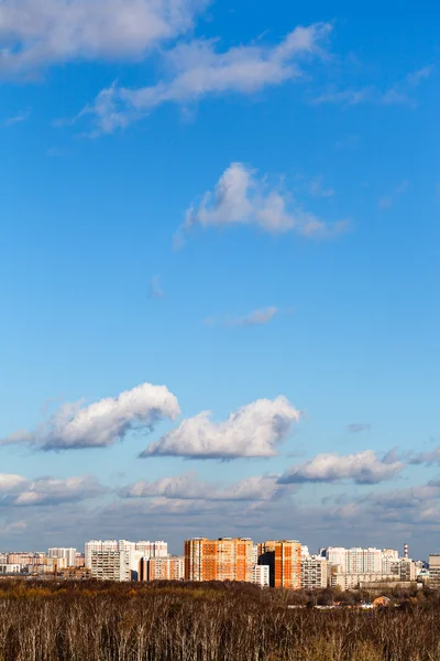 Φθινόπωρο στον ορίζοντα με τα σπίτια τούβλου και γυμνά δέντρα — Φωτογραφία Αρχείου