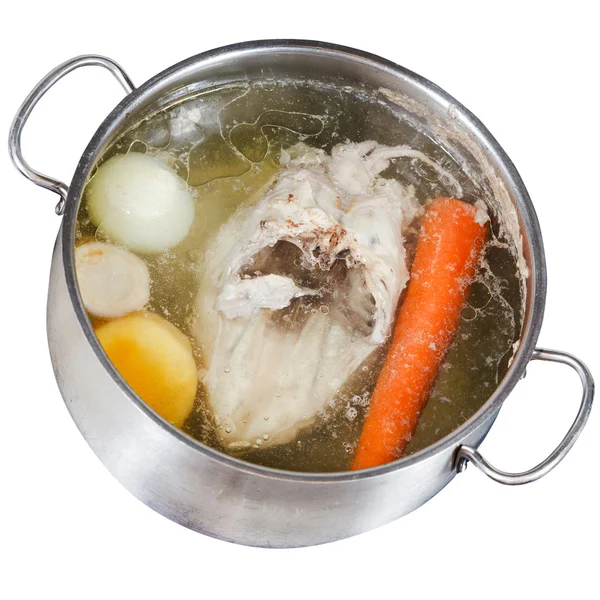 Boiling of chicken soup isolated on white — Stock Photo, Image