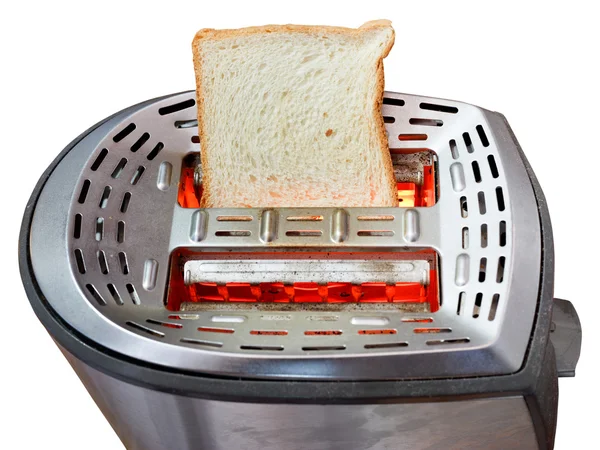 One fresh slice of bread on hot metal toaster — Stock Photo, Image