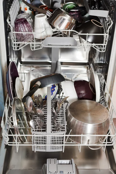 Dirty cookware in home dishwasher — Stock Photo, Image