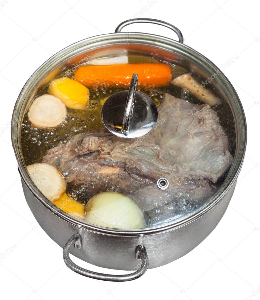 boiling of beef broth in steel pan