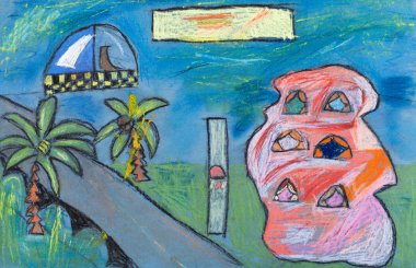 Çocuk çizim - fütüristik kentsel peyzaj