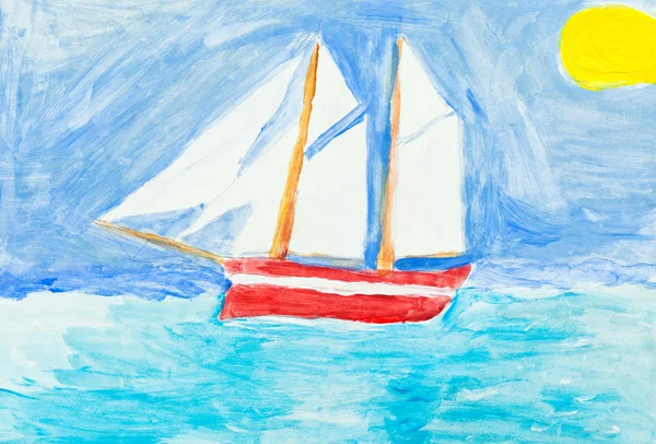 Παιδιά ζωγραφική - ιστιοπλοΐα σκαφών στον ωκεανό μπλε — Φωτογραφία Αρχείου