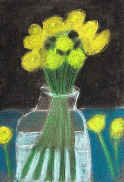 Barnen ritade - gula blommor i glasburk — Stockfoto