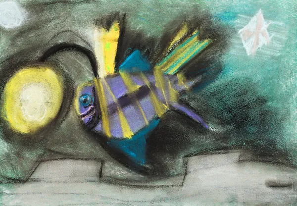 Barn teckning - fisk med ficklampa på huvud — Stockfoto