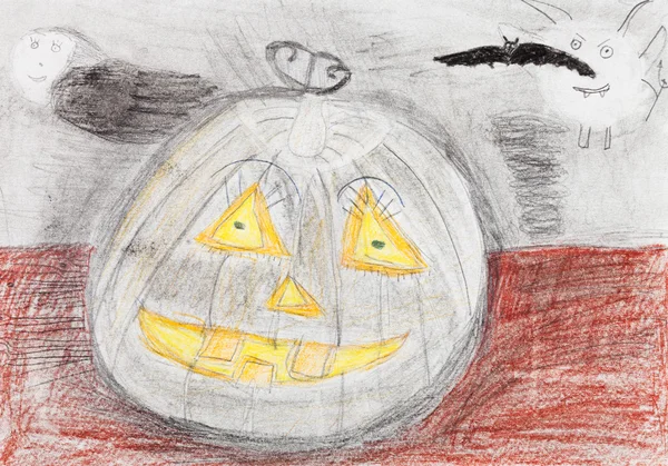 Dibujo de los niños - calabaza y murciélago negro —  Fotos de Stock