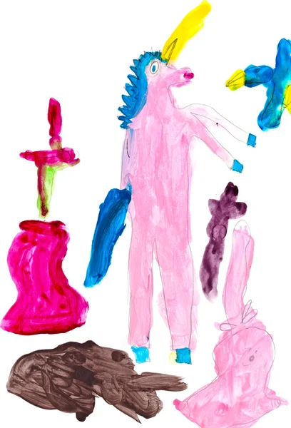 Children drawing - pink unicorn — Stock Photo, Image