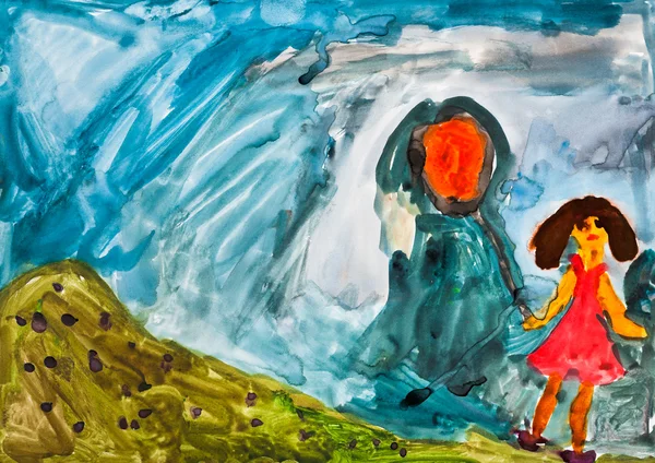 Dibujo de niños - niña con globo naranja —  Fotos de Stock