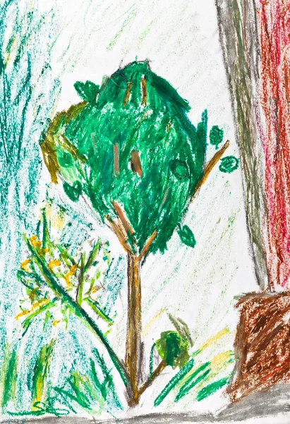 Рисование детей - зеленое дерево — стоковое фото